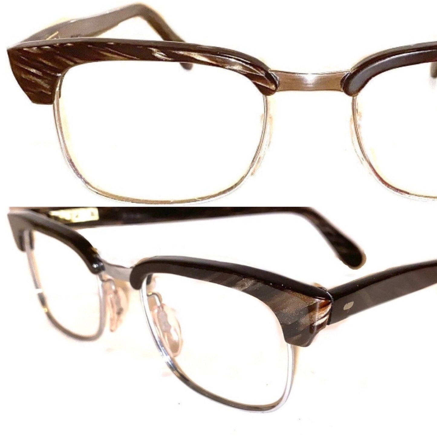 Montatura MetalVista stile clubmaster in celluloide marmorizzata e metallo argentato Malcom X, anni '50