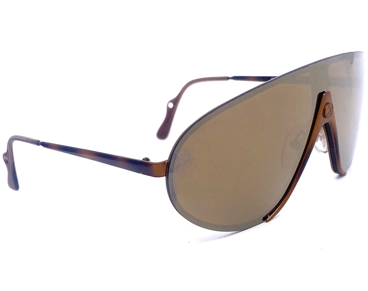 Safilo Design 027/P wrap aviator sunglasses, brown metallized mask-shield design with gold mirrored lens, NOS 80s