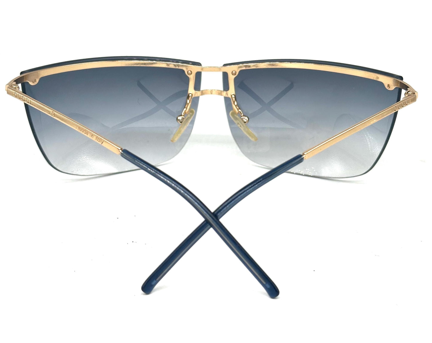 Gucci GG2653 golden rimless wrap sunglasses w grey fade lenses, NOS early Y2K Italy mint