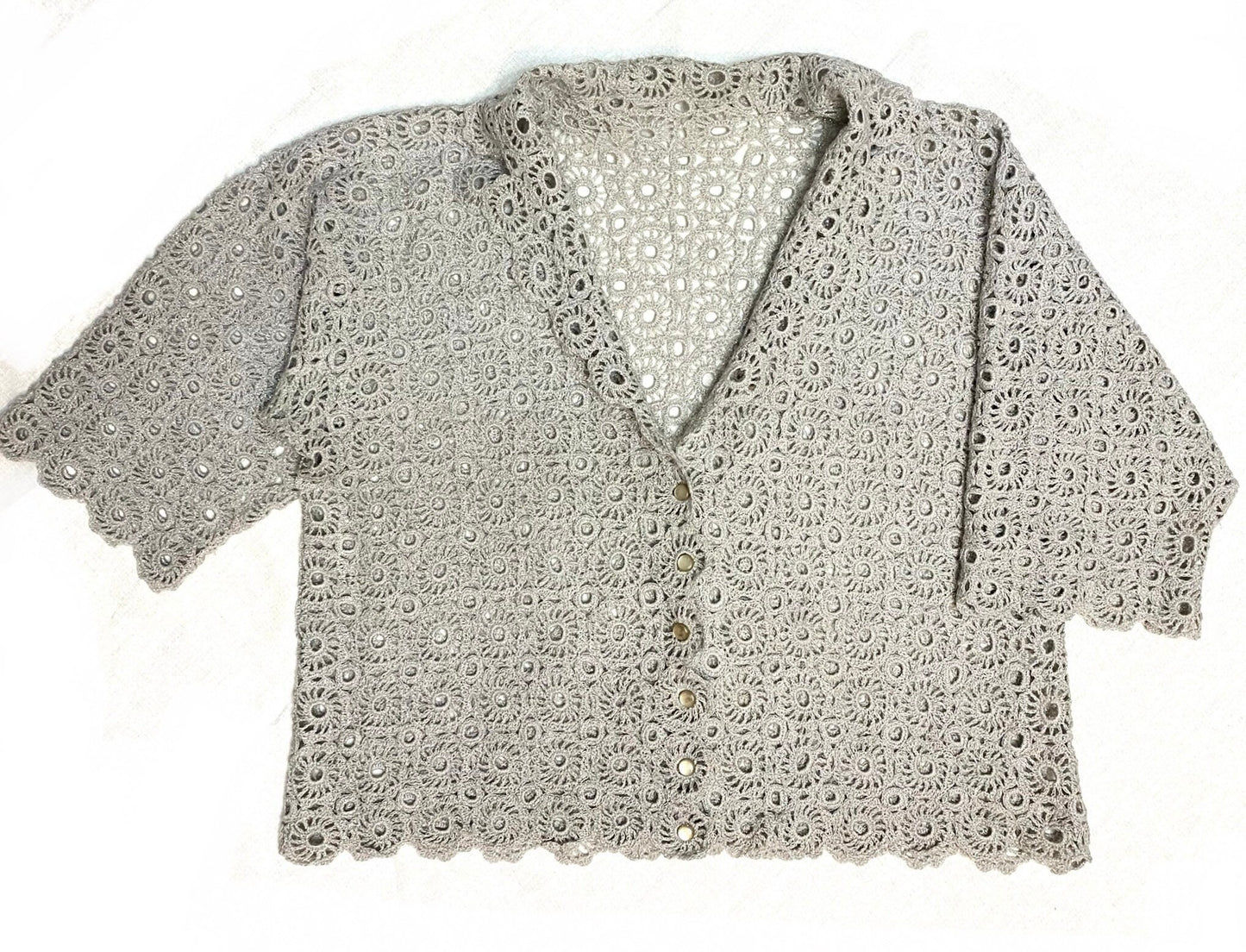 Crochet macramè grey/silver glitterswool handmade cardigan/jacket, in perfect condition and unique