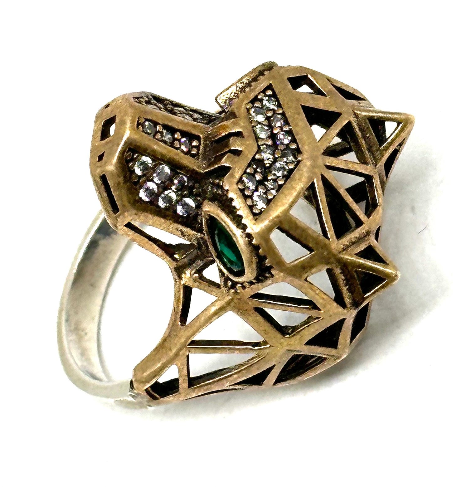 Anubi low-poly 925 silver-brass ring embellished w crystals, Beautiful and mint