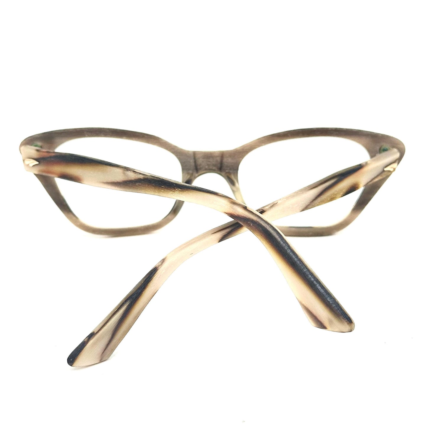 Baruffaldi 1950s PinUp Cateye glasses light wooden sand and brown effect acetate with golden leaves detail, NOS