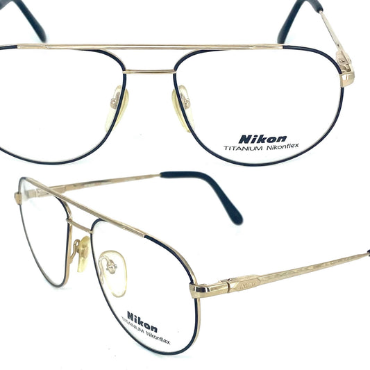 Nikon 4308 Japan classy gold titanium aviator frames w black enameled rims, NOS 80s mint