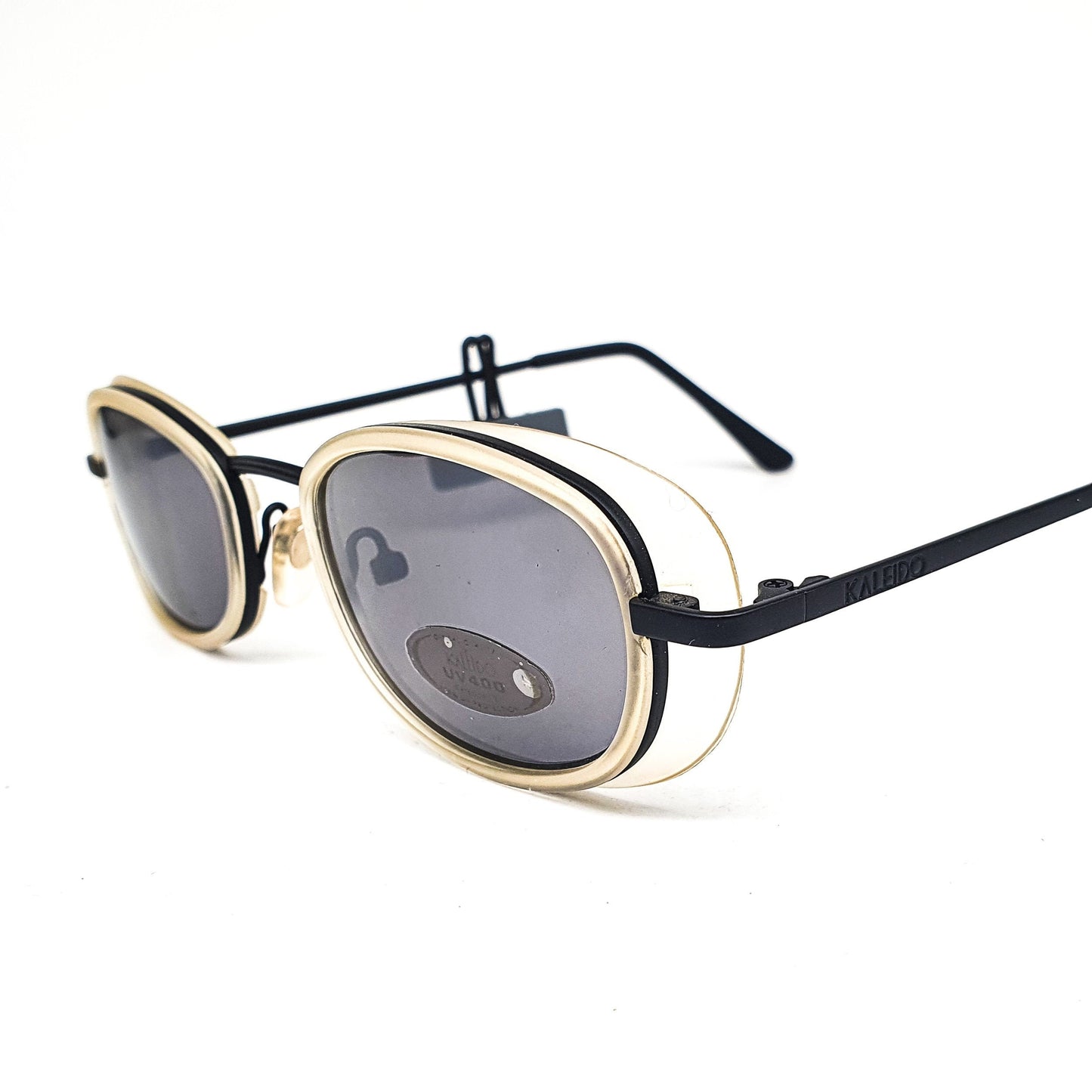 Kaleido 6652-40 black metallic framed sunglasses with special designed pale yelloe translucent rim, 1980s NOS