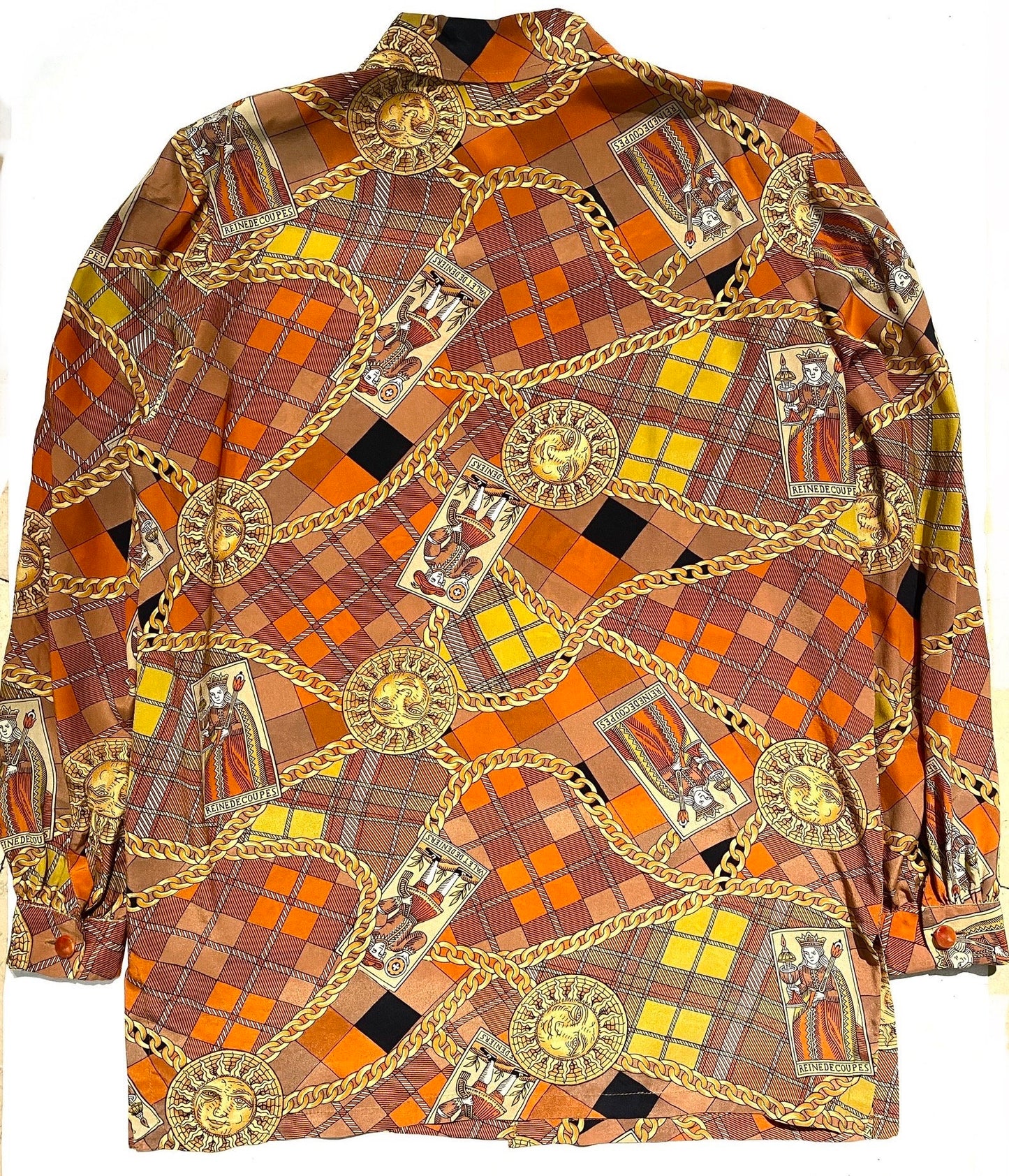 Pure silk baroque sun/ moon/ tarots cards shirt, super cool one of a kind tailor made piece, sz 46, mint