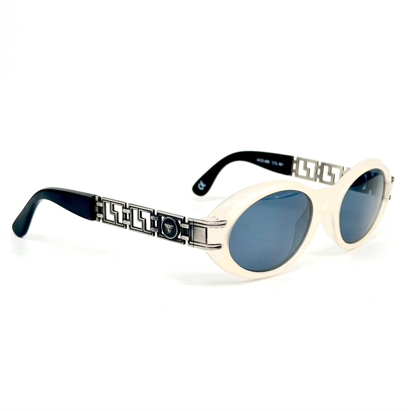 Gianni Versace 486 vintage matt white oval sunglasses made in Italy with Medusa logo detail in greek key on the silver temples NoS 90s