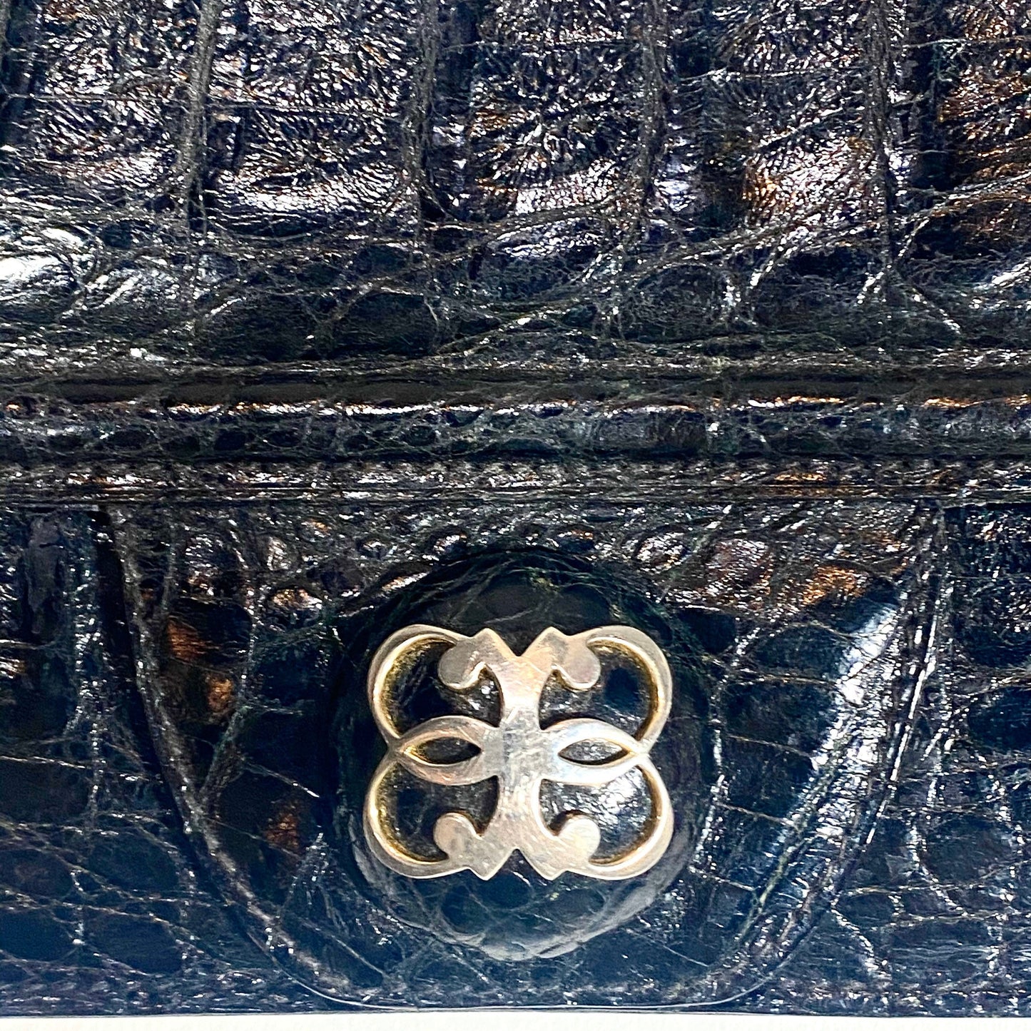 1970s black alligator clutch bag with brass / tortoise Bakelite handle, mint