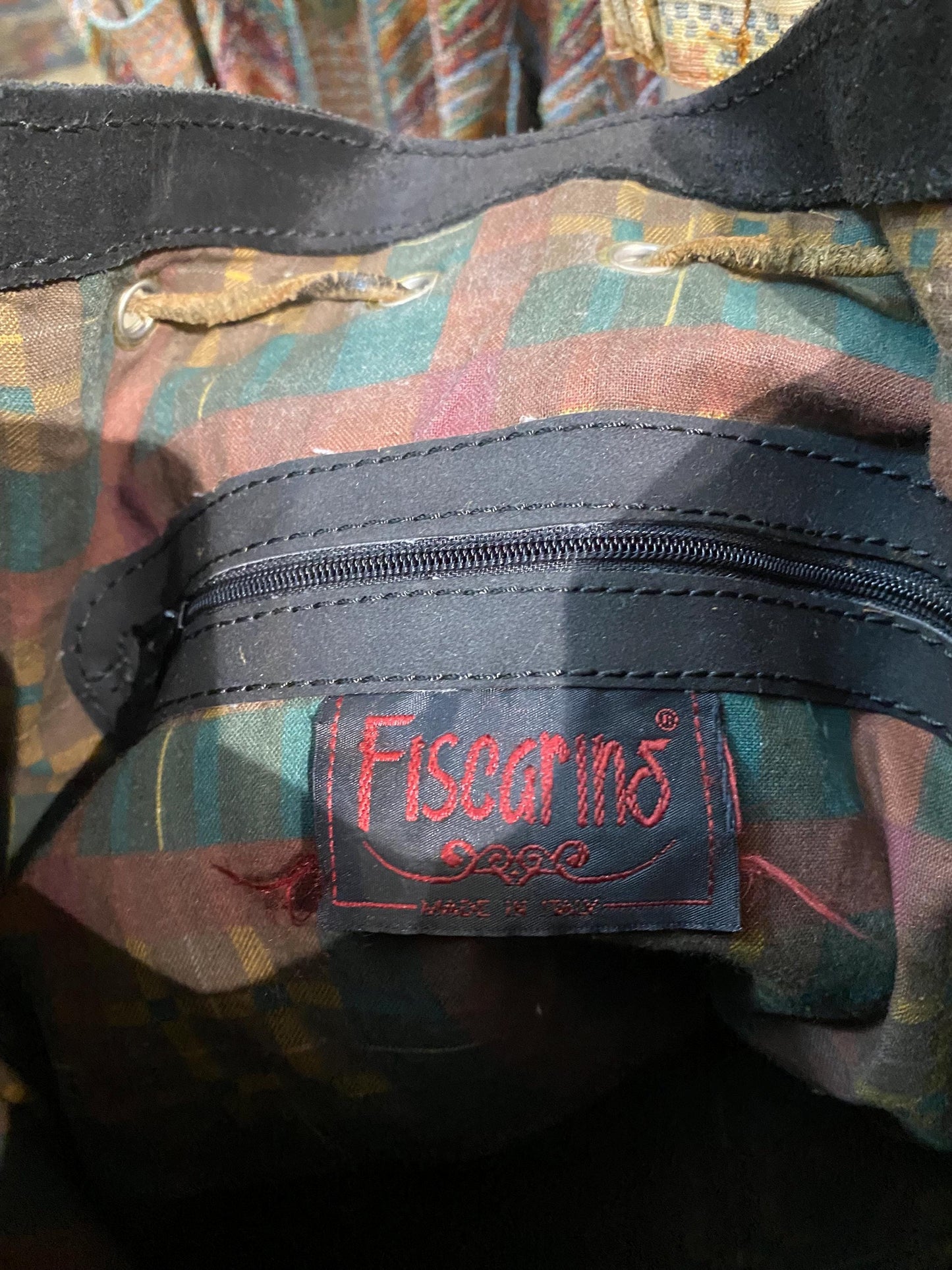 Artisanal black suede leather backpack / bucket bag with cotton canvas lining, NOS 90s Italy