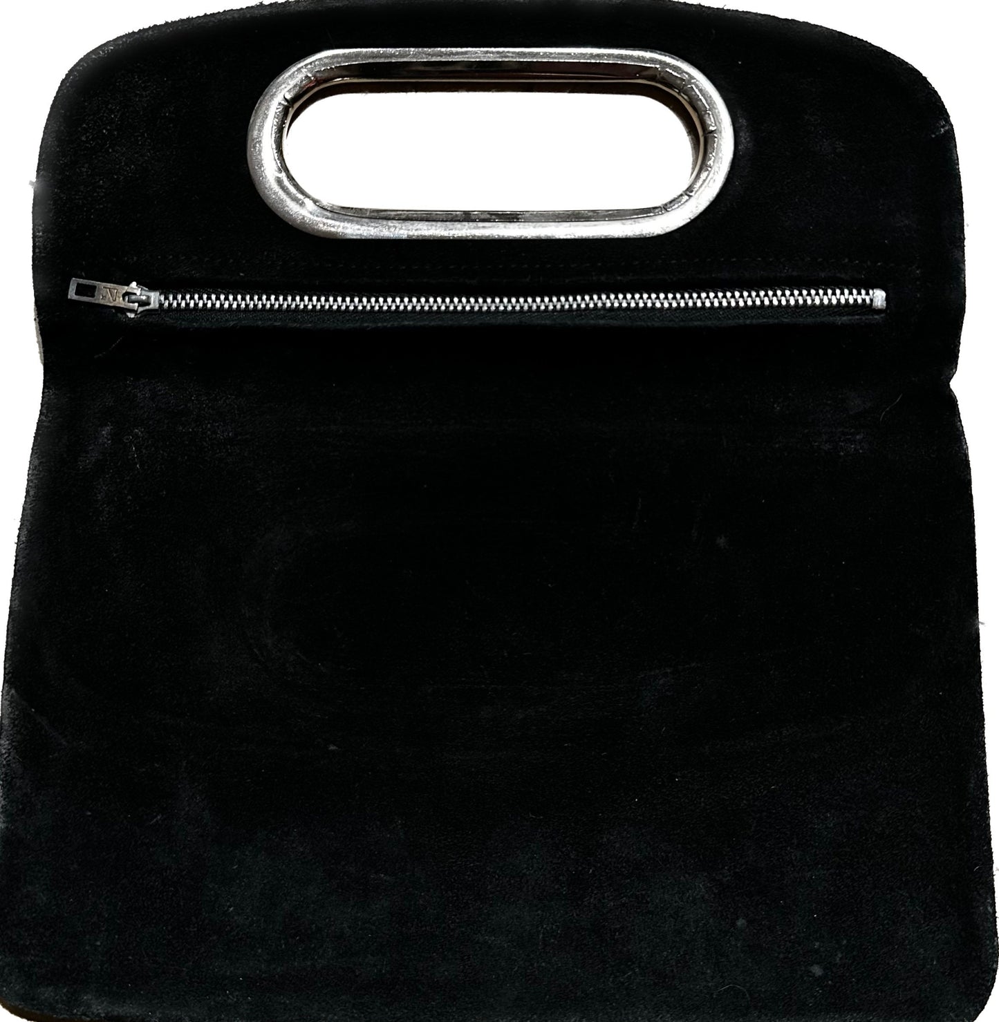 Minimal 60s mod suede pouch with cutoff silver handle and zipper closure, mint