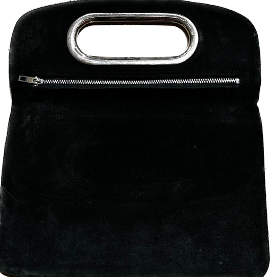 Minimal 60s mod suede pouch with cutoff silver handle and zipper closure, mint