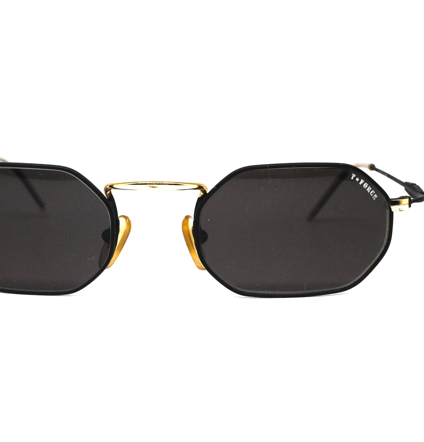 T force MIG 3 031 sunglasses with hexagonal black lenses in minimal design black metal frames with golden nose bridge NOS made in italy