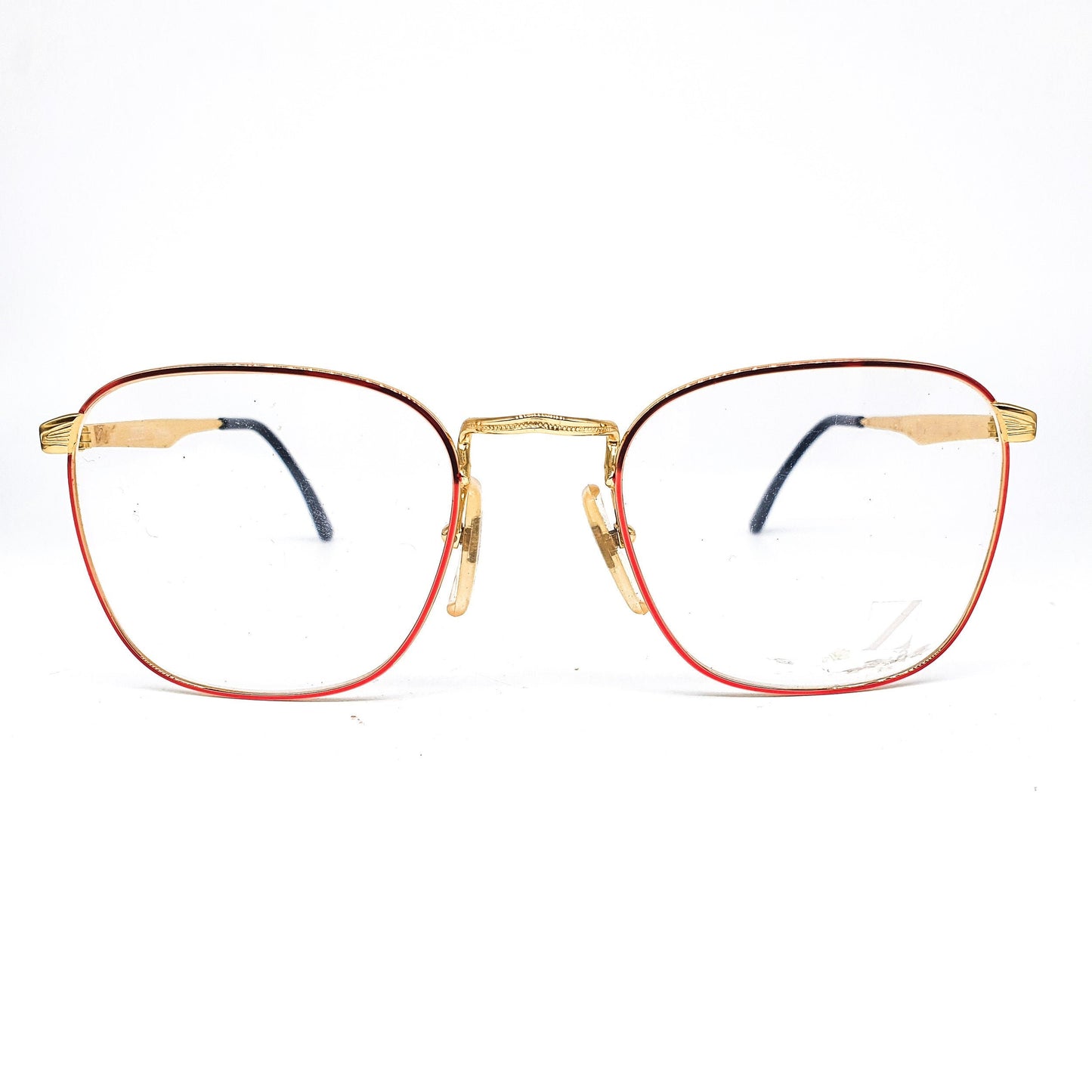 Lozza River square metallic eyeglasses frames with slim red rim and golden temples and nose bridge, 1970's  NOS Italy