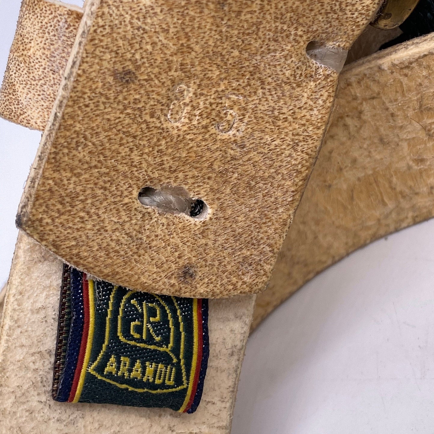 1990s Navajo beige cured leather belt with black/brown string embroidery allover sz 85