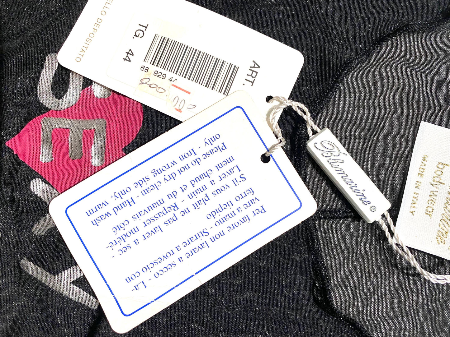 Blumarine black Lycra bodysuit, translucent & shiny fine mesh fabric w iconic “Sexy Blumarine” heart print, NOS 90s BNWT