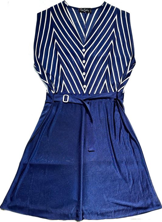 Pierre Cardin preppy maritime striped navy dress made in Italy, sz 42/44 ,  70s mint condition