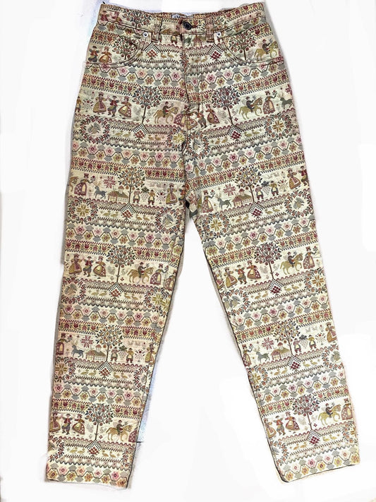 Amaclan Portofino gorgeous beige jacquard trousers w farm Provence scenes allover, mint sz S ladies