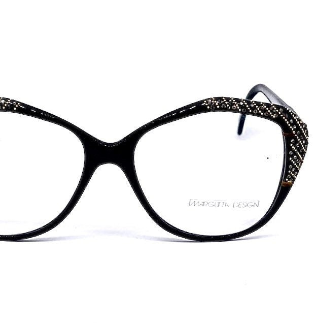 Margutta 1970s luxurious black oversized Sunglasses adorned with rhinestones, New Old Stock