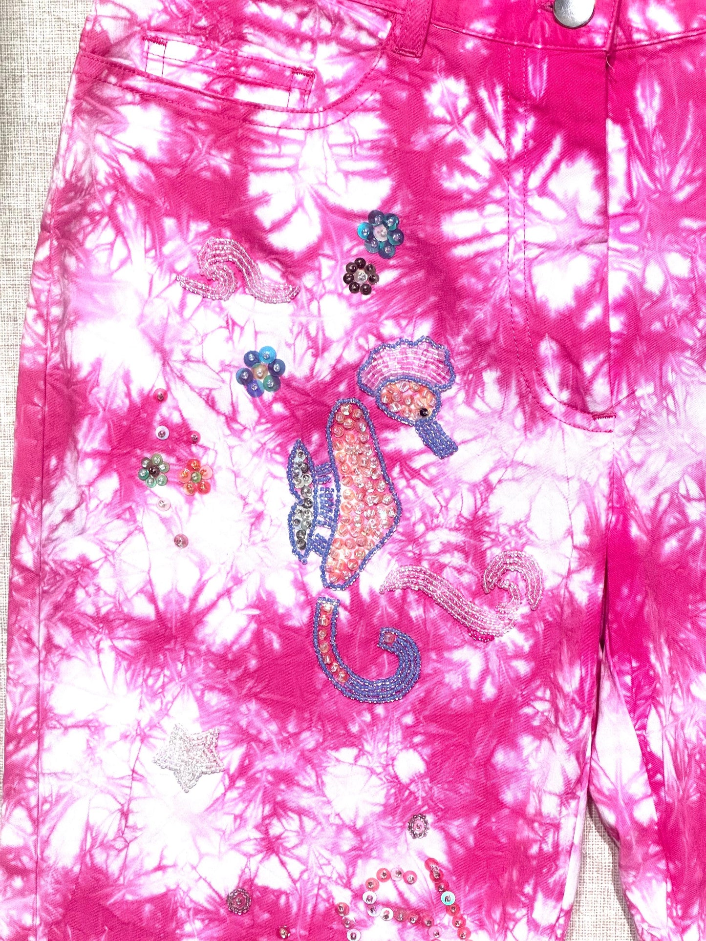 Giusi Slaviero vintage tie dye flare pink bootcut pant with bead embroidery shells, stars and aquatic animals size 42 NWT