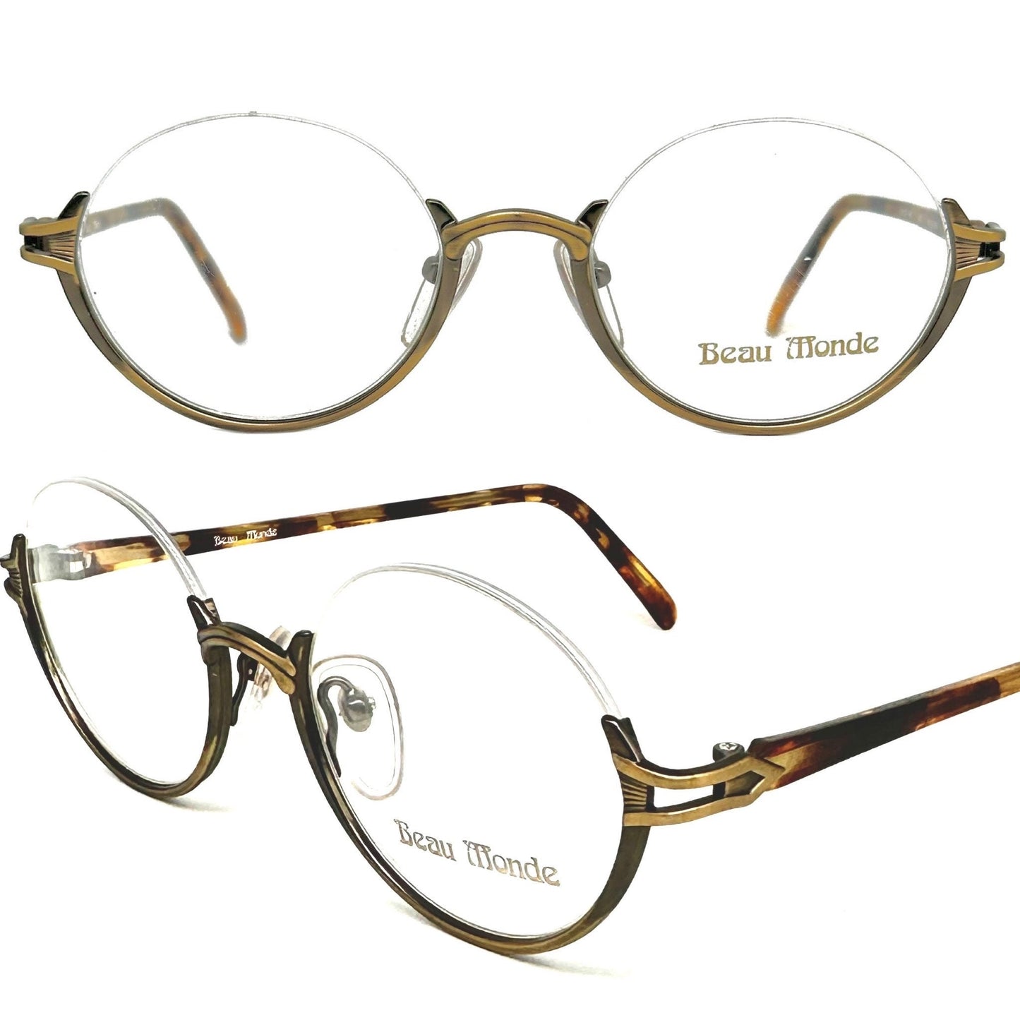 Beau Monde Milford outstanding round half rimmed antique brass spectacle frames, NoS 80s Japan