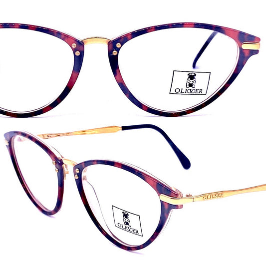 Oliver by Valentino red marbled cateye frames w golden metal temples - hinges, NoS '80 Italy