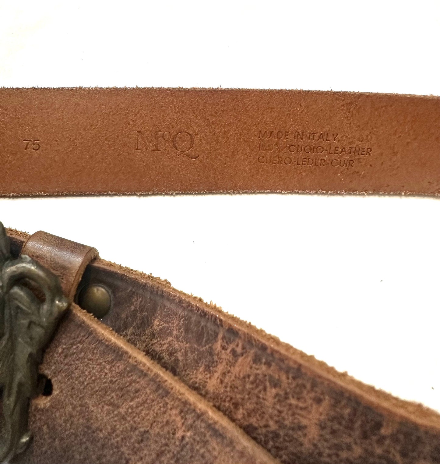 McQ by Alexander McQueen western style tan leather belt w antique brass roses buckle, mint sz 75