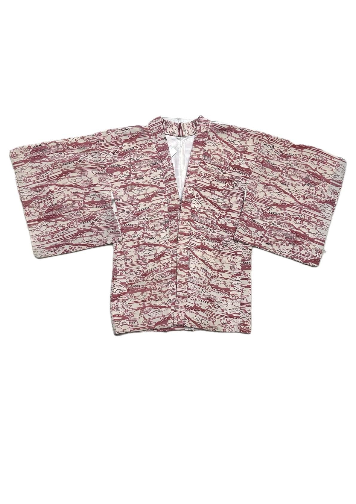 Traditional Japanese cream color kimono w iconic red tones print,  pure silk, 1950s circa, great cond.