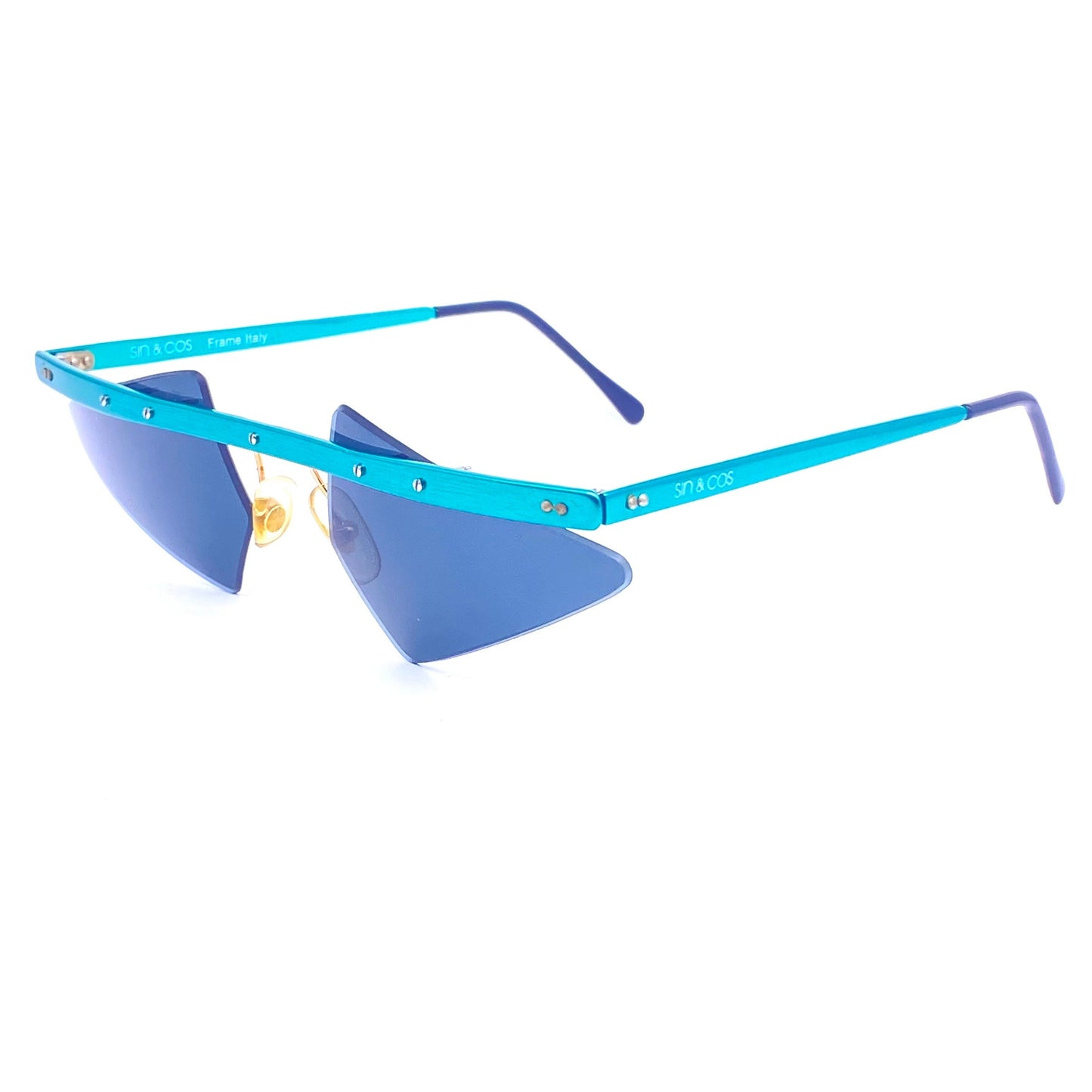 Sin&Cos glam rock edgy anodized metal avant garde sunglasses, blue, green or red, NOS 90s Italy