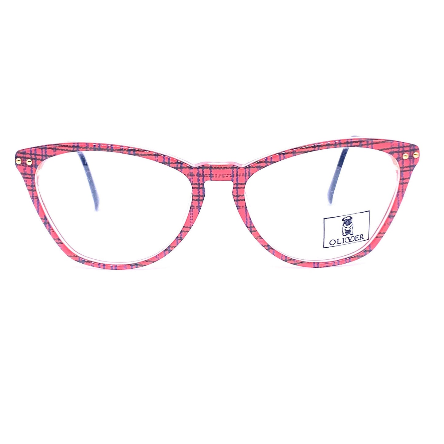 Oliver by Valentino red tartan cateye frames w keyhole bridge & golden metal temples, NoS anni '80