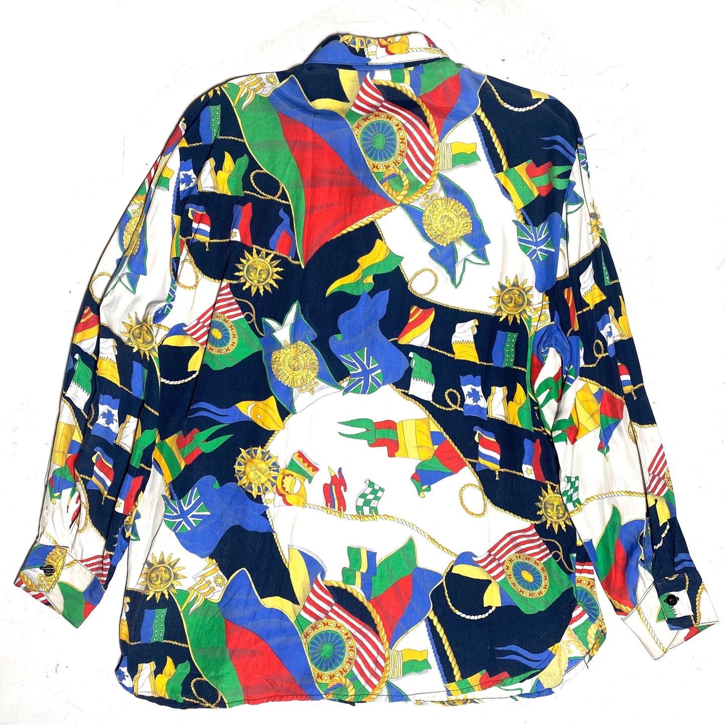 Max Dinè baroque shirt with nautical allover of flags, ropes & suns, sz 44, 1980s Italy great condition