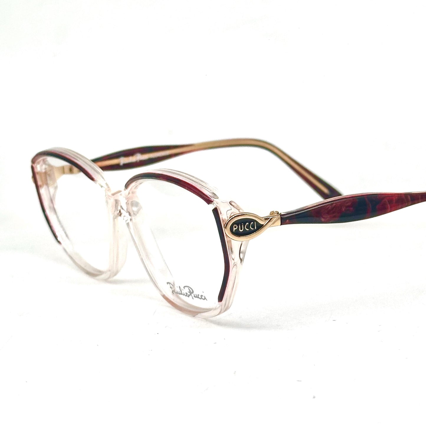 Emilio Pucci 493 clear eyewear detailed with red and black fluid marble parts and gold temples 80s NoS Made in Florence