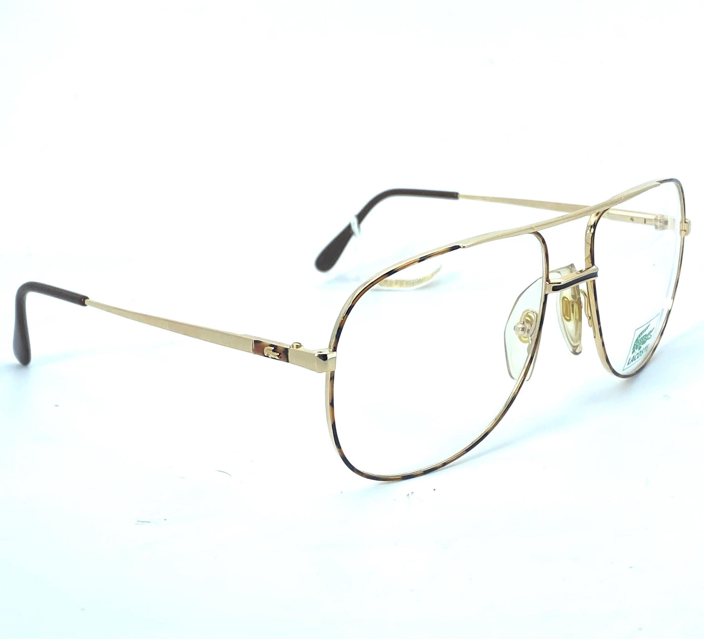 Lacoste dbl bridge golden metal aviator frames w tortoise enameled details, NOS 80s Lamy France