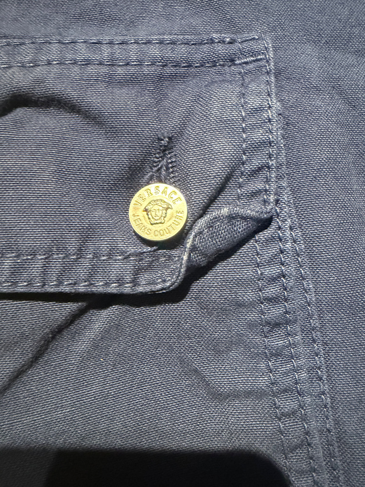 Versace Jeans Couture BNWT blue cotton capri cargo trousers w Medusa buttons, sz 28 & 30 available.
