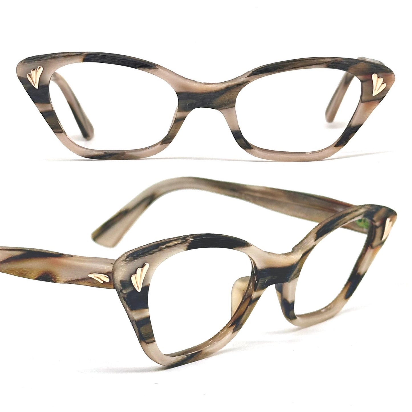 Baruffaldi 1950s PinUp Cateye glasses light wooden sand and brown effect acetate with golden leaves detail, NOS
