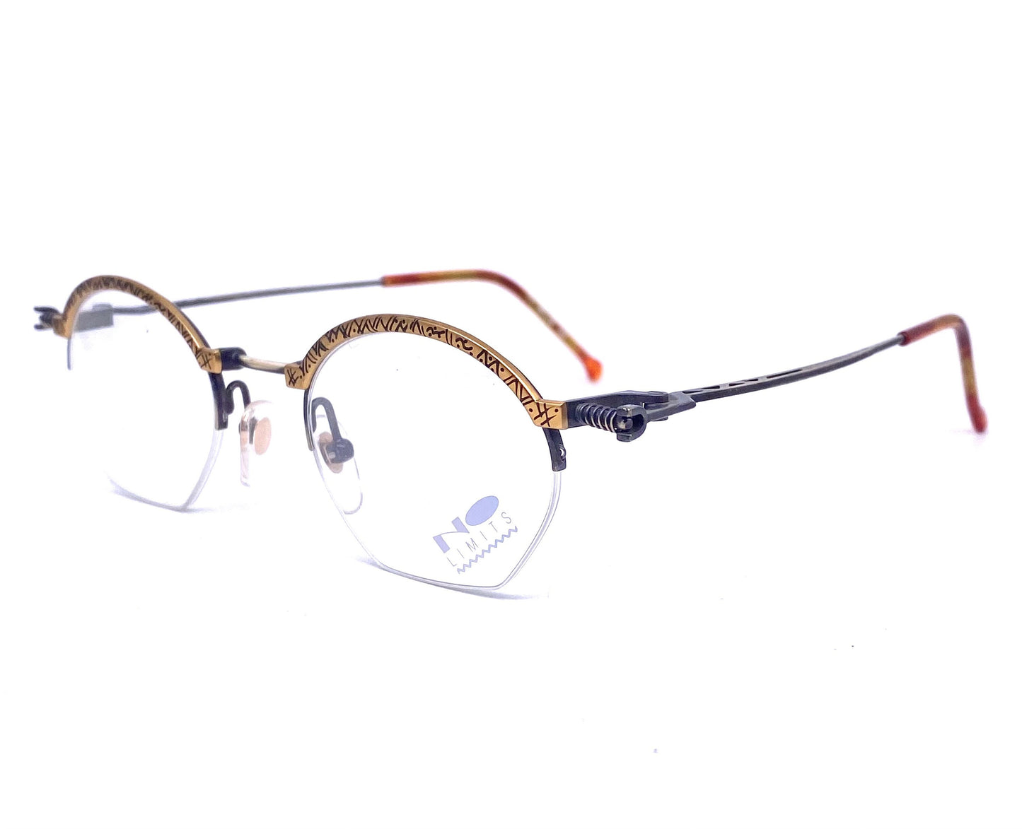 No Limits 8345 oval steampunk half rim eyeglasses w- abstract printed rims and active spring hinges, NOS 80s
