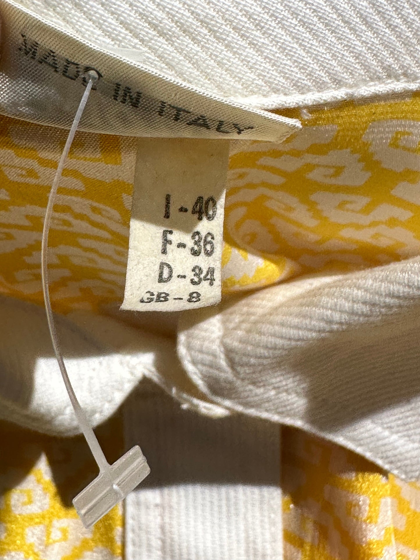 Bugia 1970s canary yellow / white geometrical print silk blend mido dress, preppy/ BonTon vibe, NOS