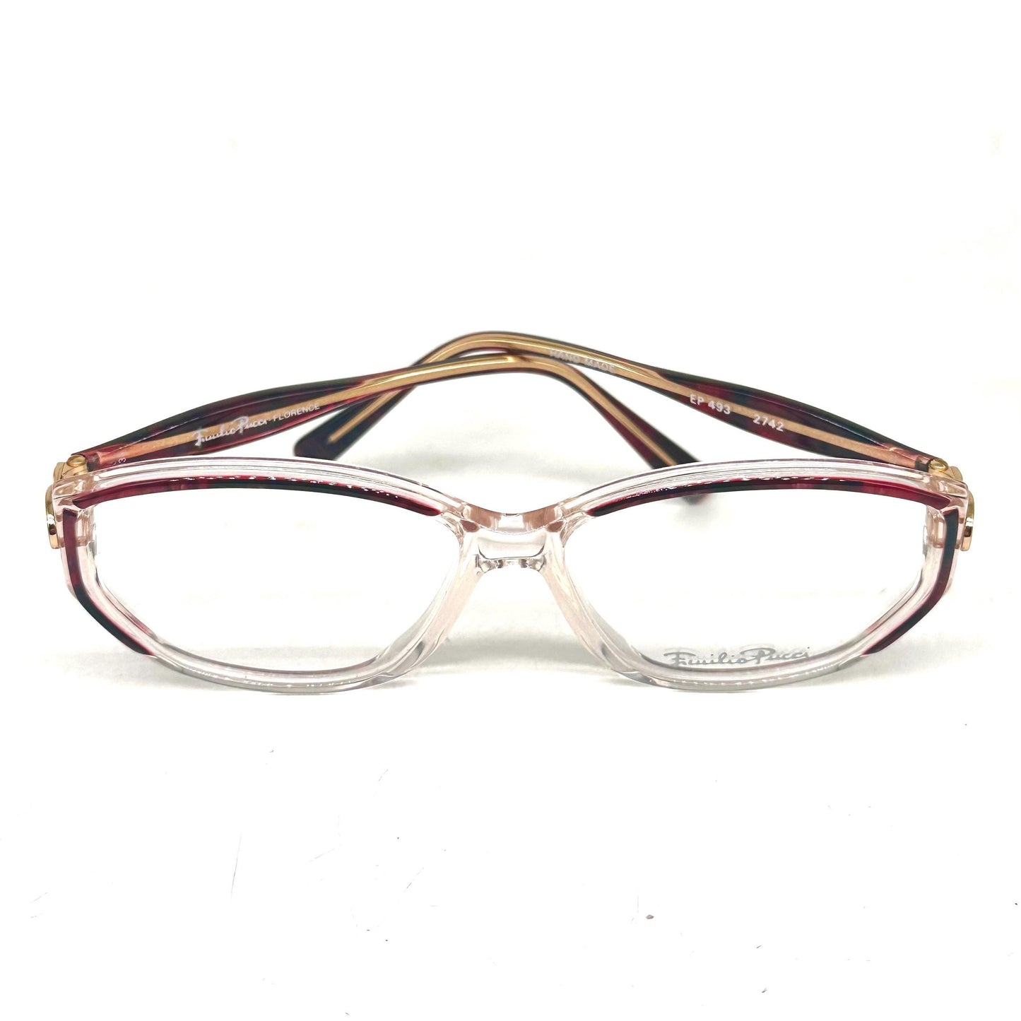 Emilio Pucci 493 clear eyewear detailed with red and black fluid marble parts and gold temples 80s NoS Made in Florence