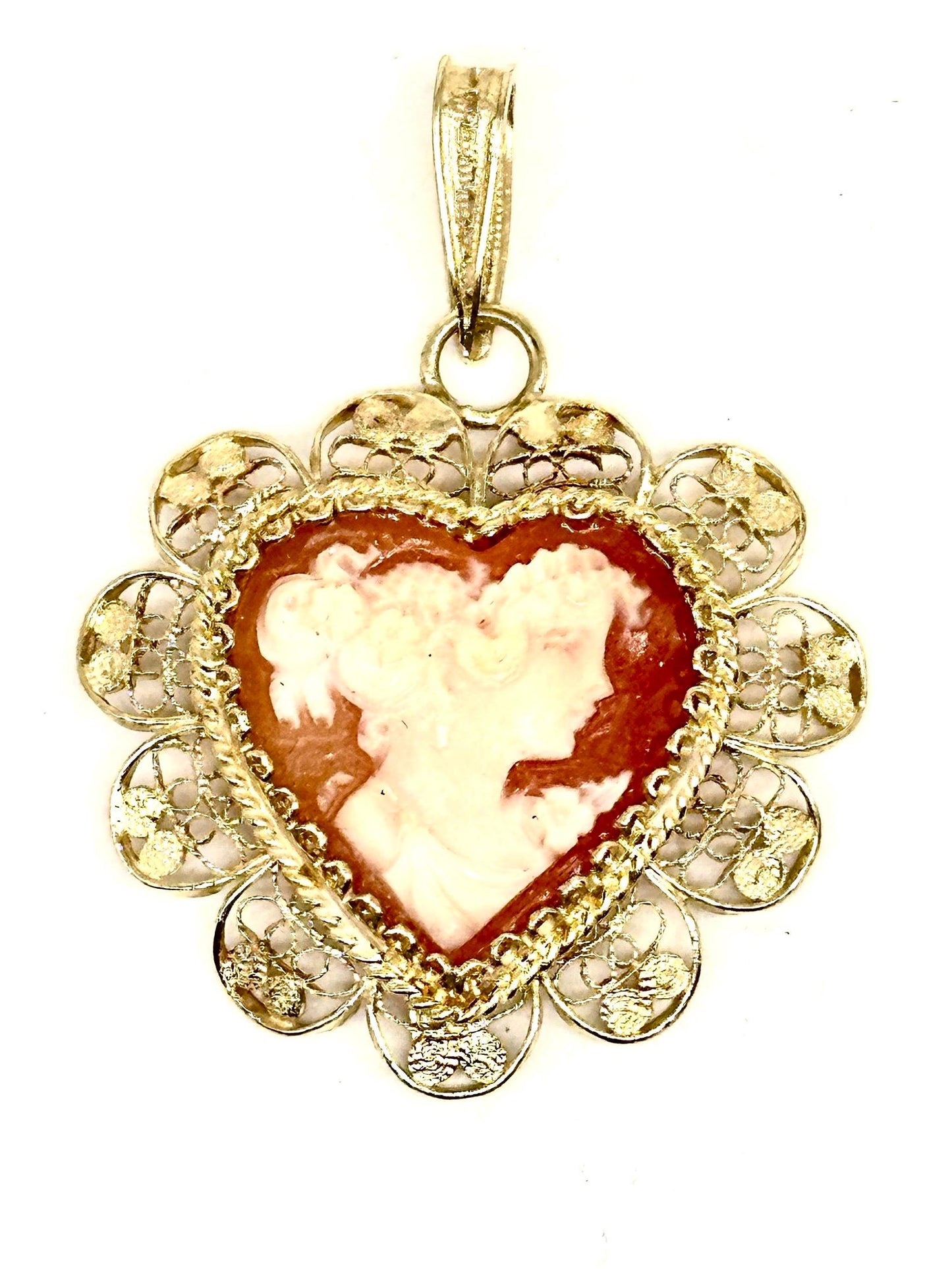 Heart shaped 925 silver/ Gild plated filigree pendant w Victorian portrait in real coral/Shell, 1930s Ca NEW