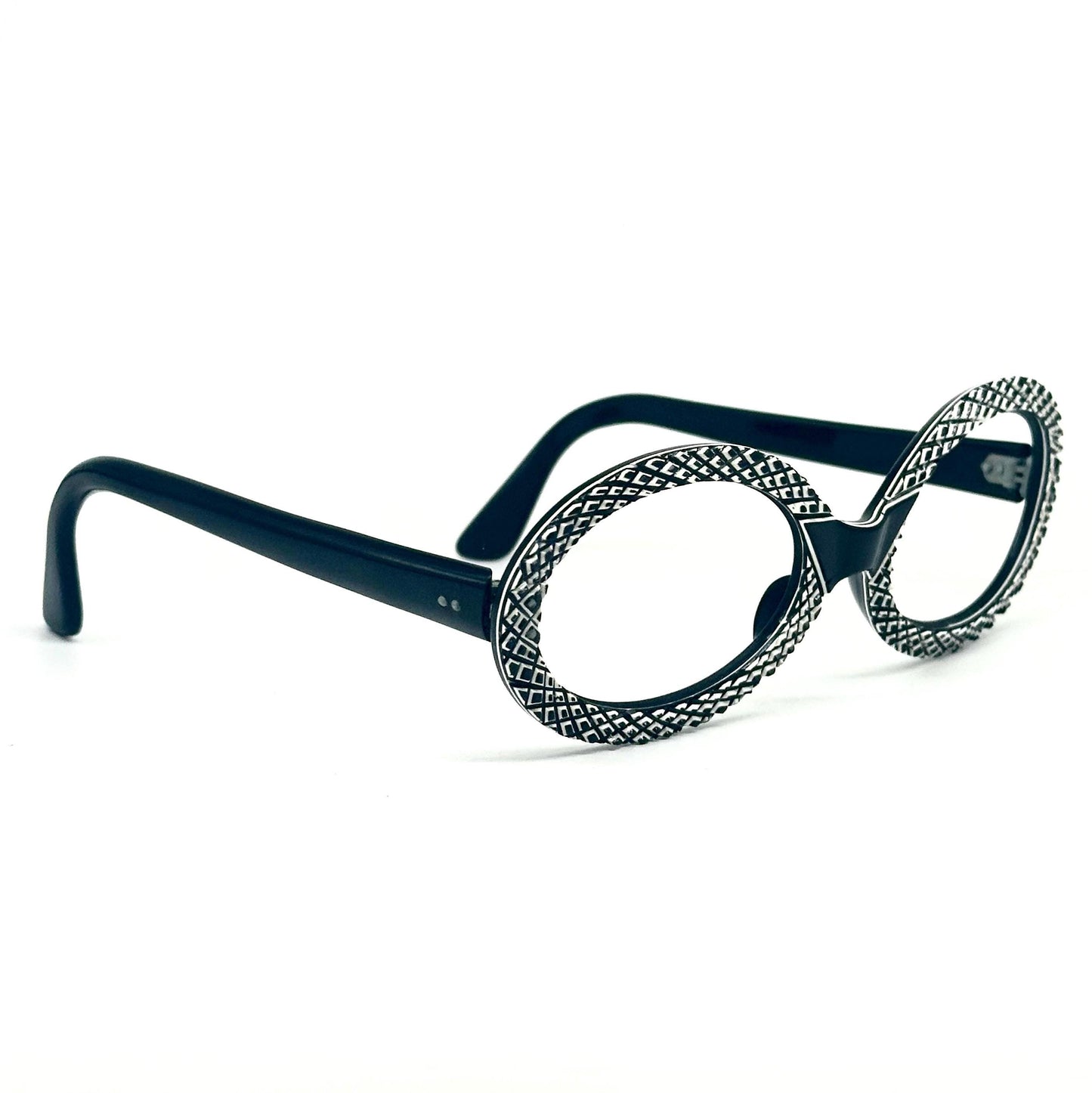 Oval vintage 1950s black eyeglasses handcrafted engraving frames with white thickness squares, NoS