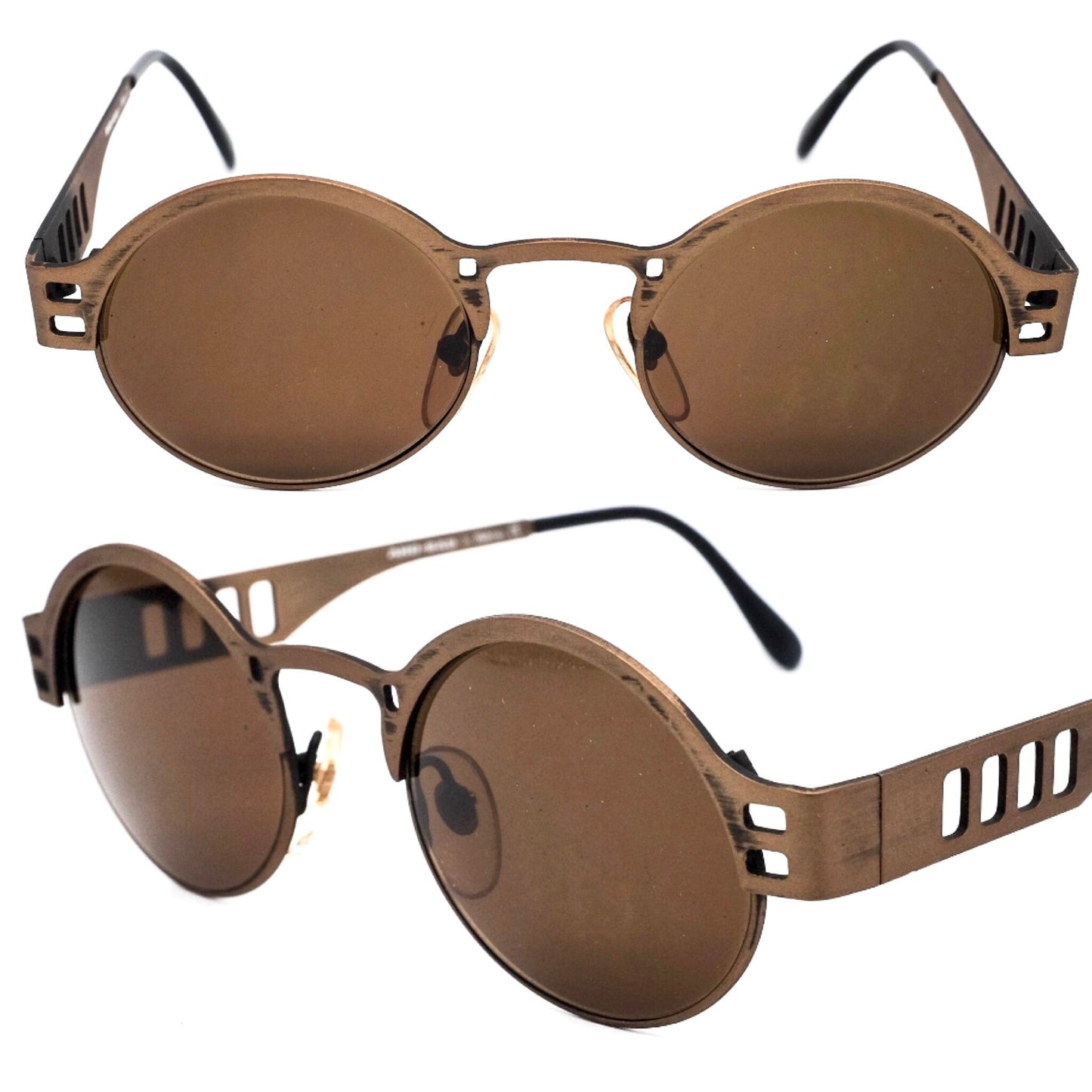 AndBad round steampunk sunglasses w cutoff detailed temples, made in antiqued brass metal , NOS 80s Italy