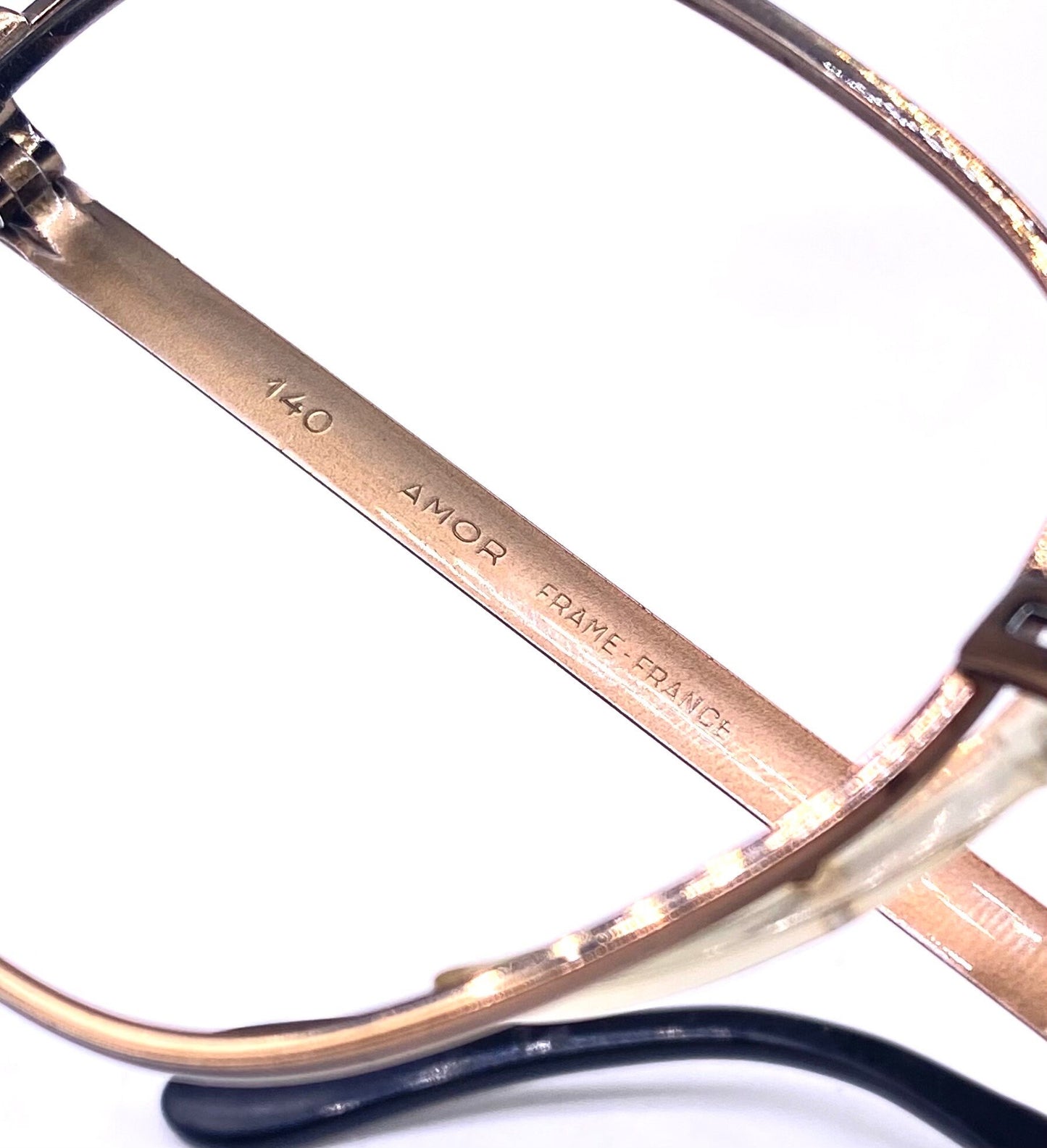 Amor France square glasses in polished copper metal w cutoff bridge detail, NOS 70s mint