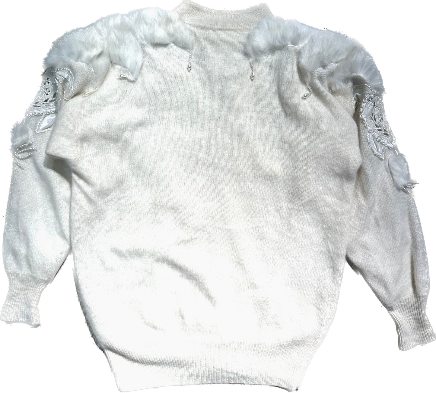 Hand Embroidered softest wool & angora w/ lapin fur inserts, total white Cardigan by Raladi Rome, mint