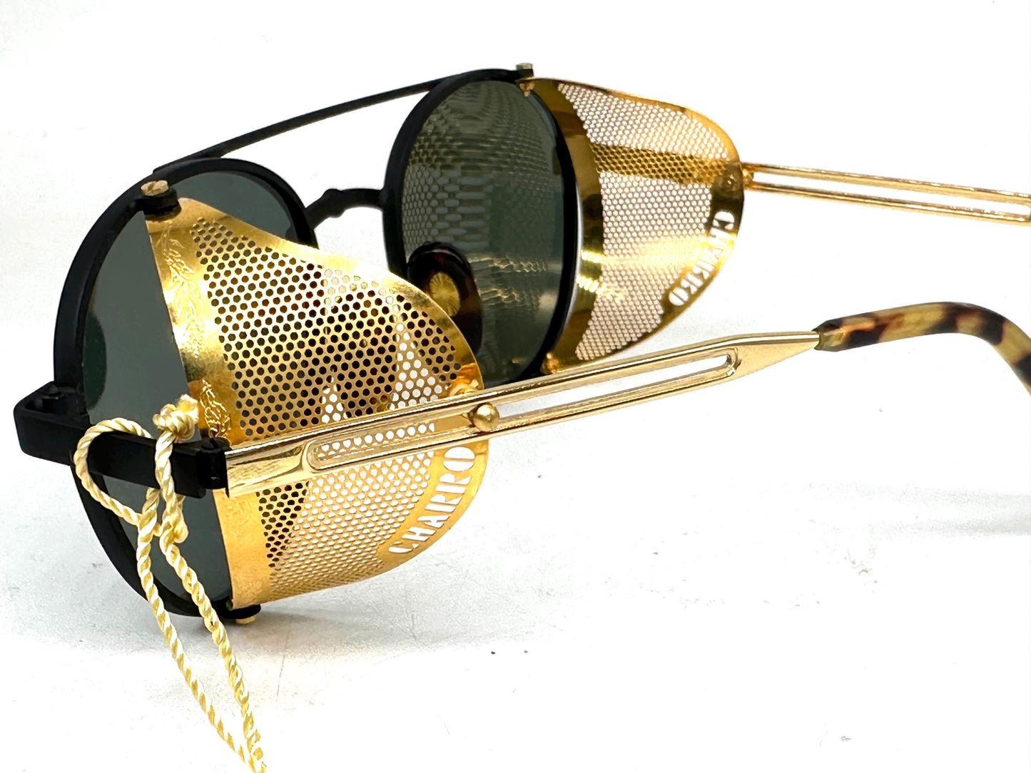 Charro rare round black-gold side shields sunglasses hand made in Italy, 80s NoS