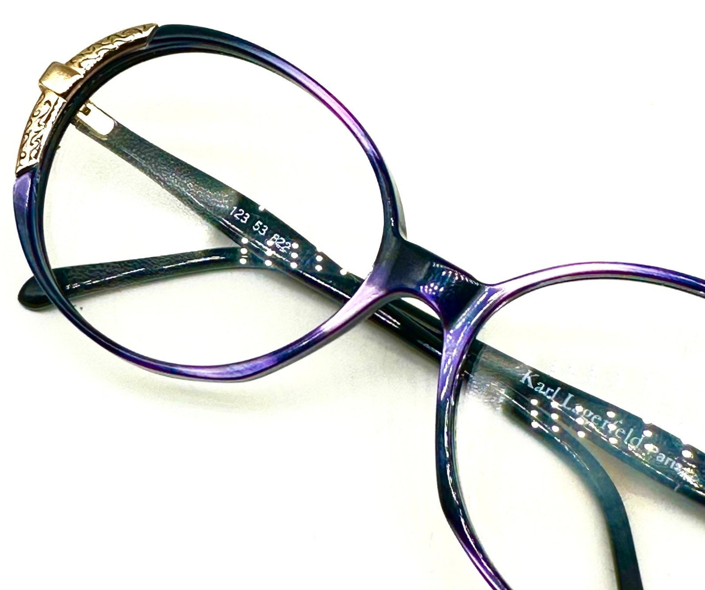 Karl Lagerfeld 80s NOS oval ladies frames, purple pearl cello w/ golden decò carved details, beautiful