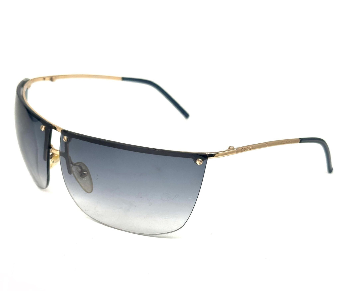 Gucci GG2653 golden rimless wrap sunglasses w grey fade lenses, NOS early Y2K Italy mint