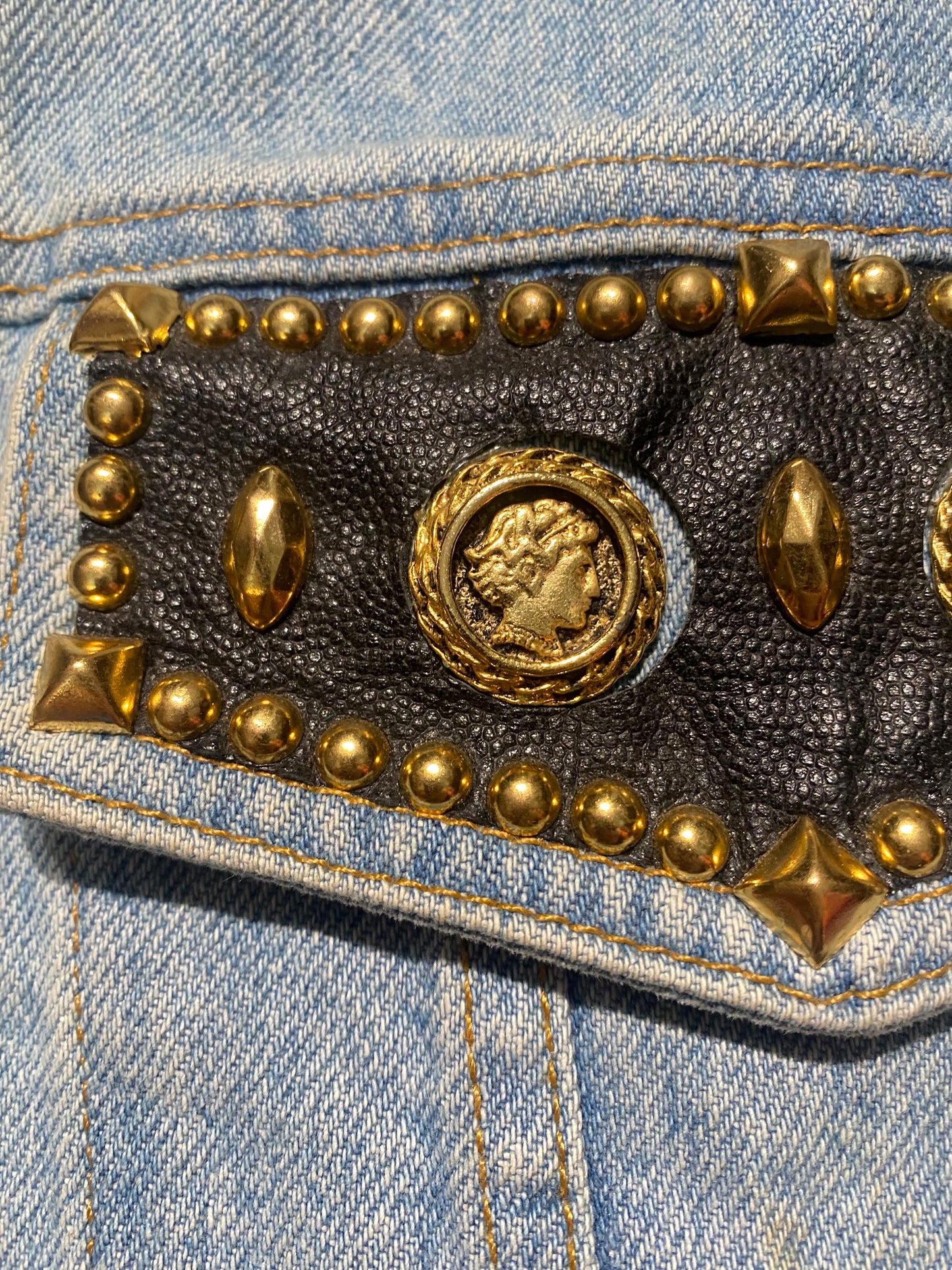Caché USA light blue denim vest customised w leather, golden jewel buttons & studs, sz L