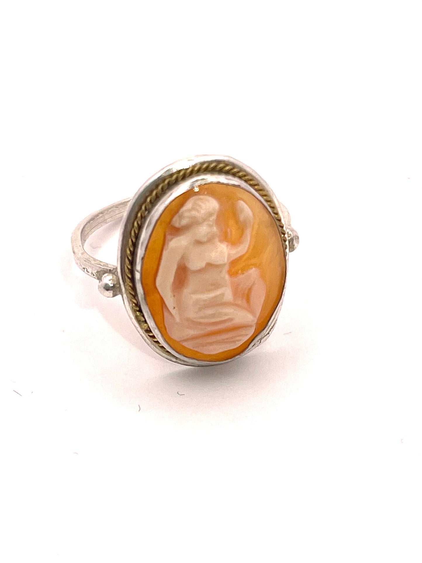 Antique Silver cameo ring w hand carved coral - Shell female figure / Greek Goddess, New from deadsrock