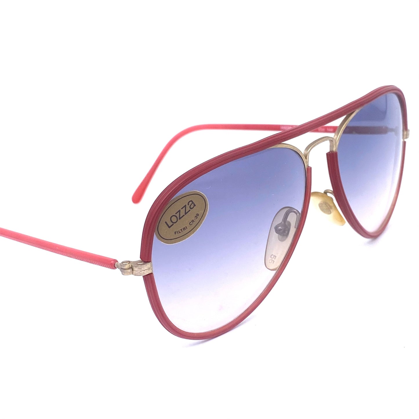 Lozza high tech HD vynil rolled golden metal aviator sunglasses w fade lenses, 1970’s  NOS Italy