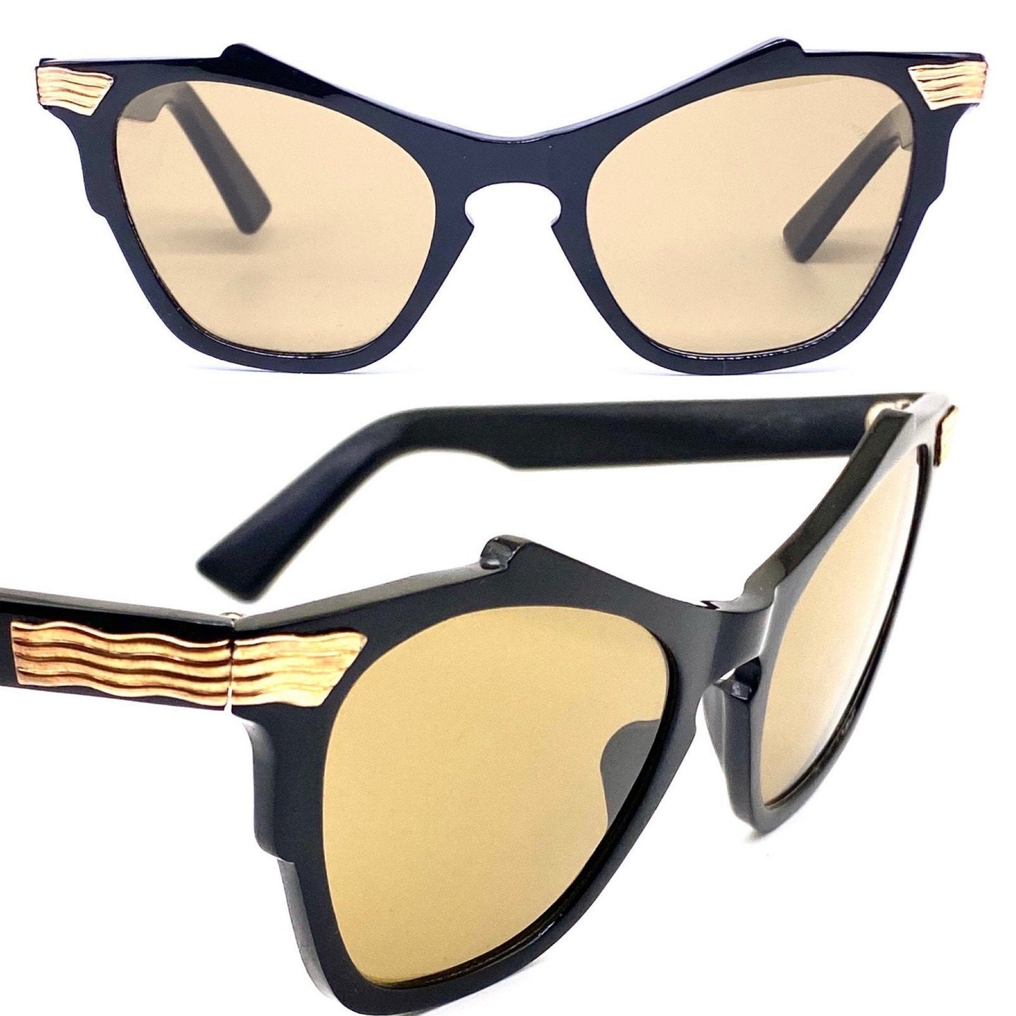 Errebi fancy vintage butterfly cateye sunglasses with carved golden metal hinges, NOS 50s Italy