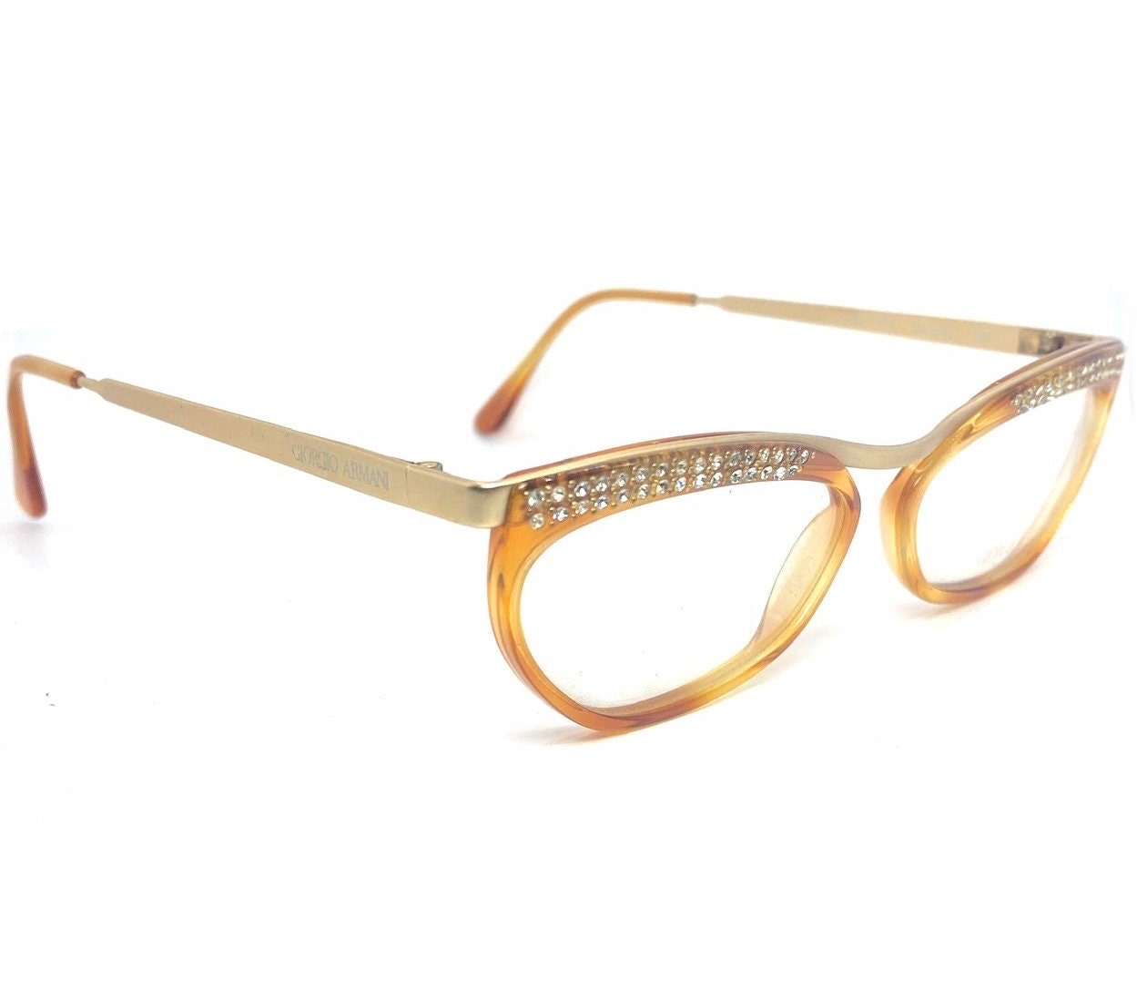 Giorgio Armani 413 demi blonde / Matt gold cateye eyeglasses w/rhinestones browline detail, NOS 80s Italy