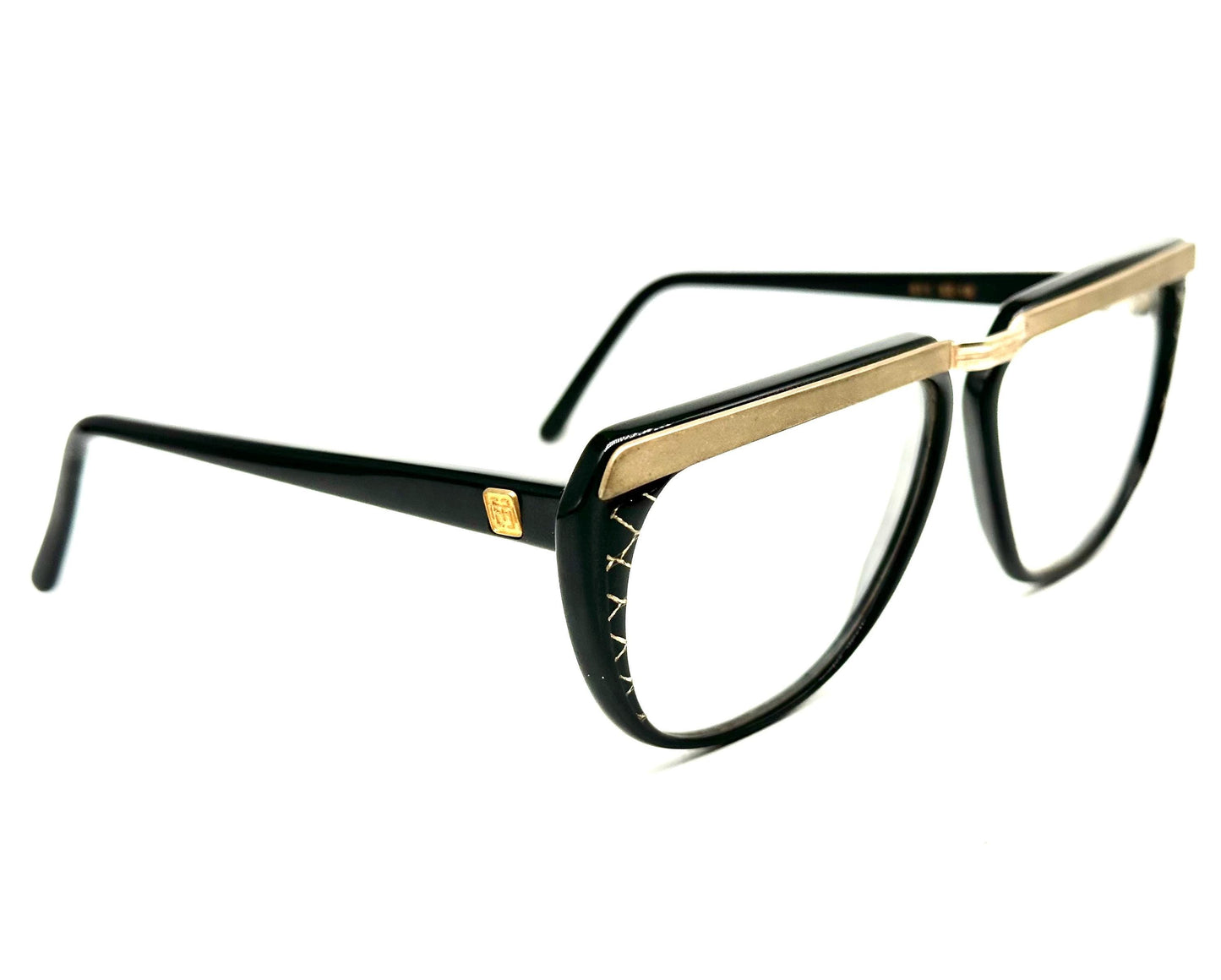 Enrica Massei modern square glasses in black or honey sparks w golden browline/bridge, 80s NOS
